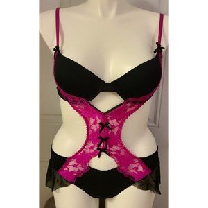 SECRET LACE LLC Sexy Lingerie Black Strappy Bodysuit with Pink Lace Size 34C/M